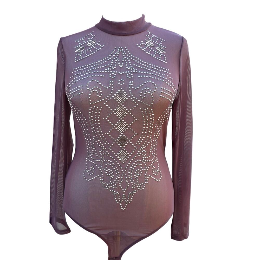 IRIS 2X Studded Mesh Bodysuit Sheer Long Sleeve Mock Neck Festival Top